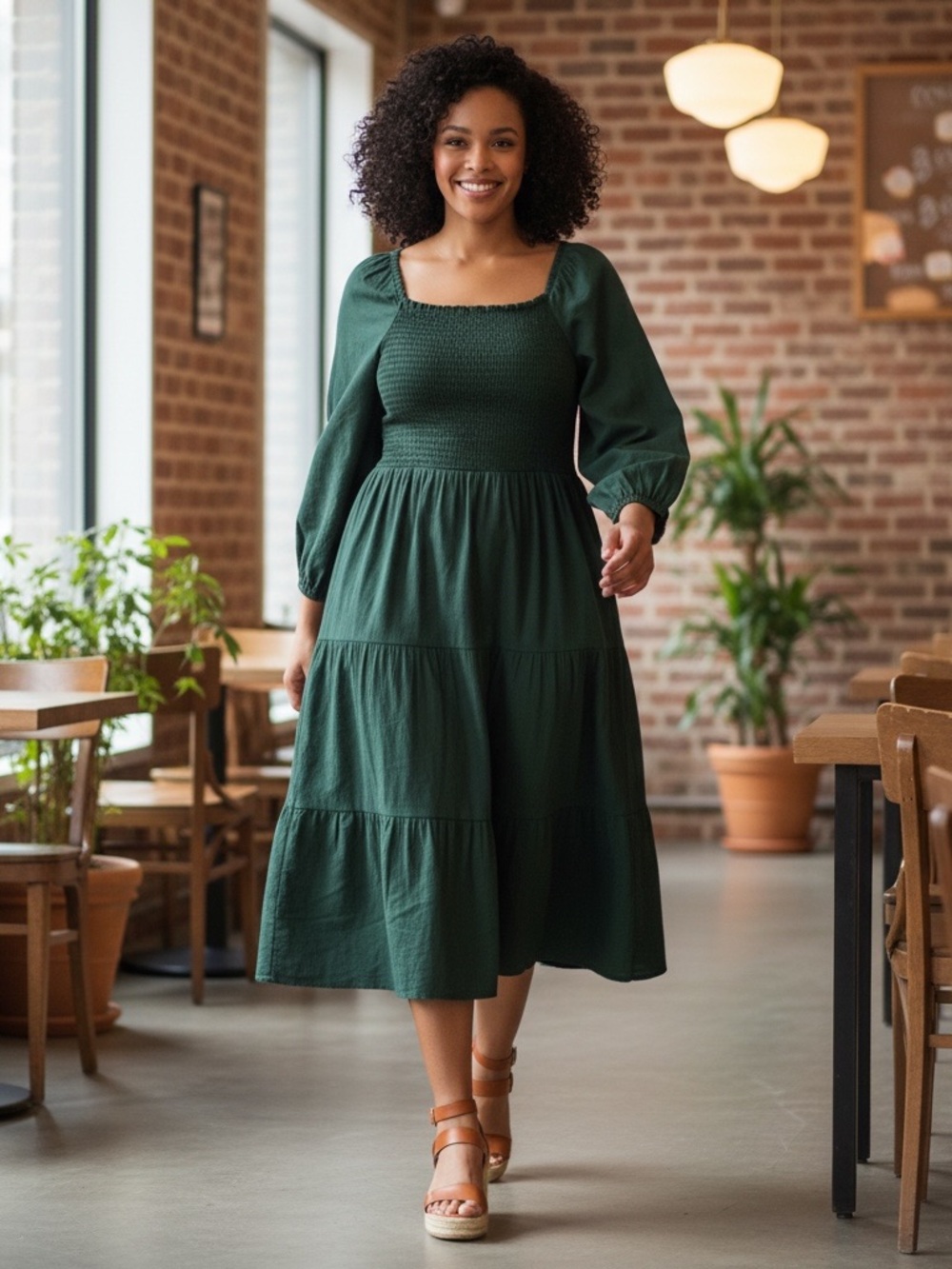 beachlunchlounge Emerald Green Smocked Midi Peasant Dress Boho Cottagecore XXL